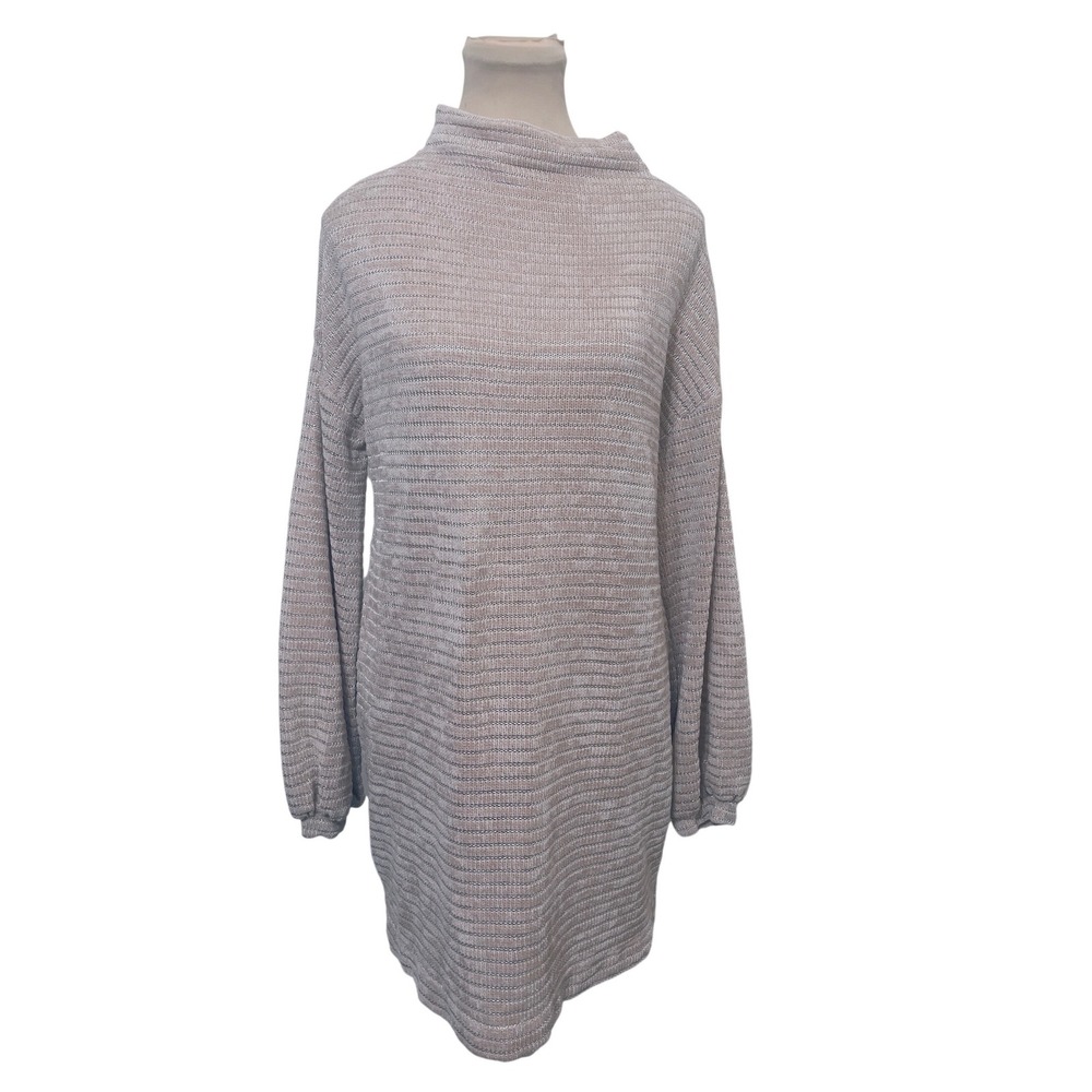 BCBGeneration  Sweater Dress M Pink Metallic Stripe Mock Neck Balloon Sleeve Top